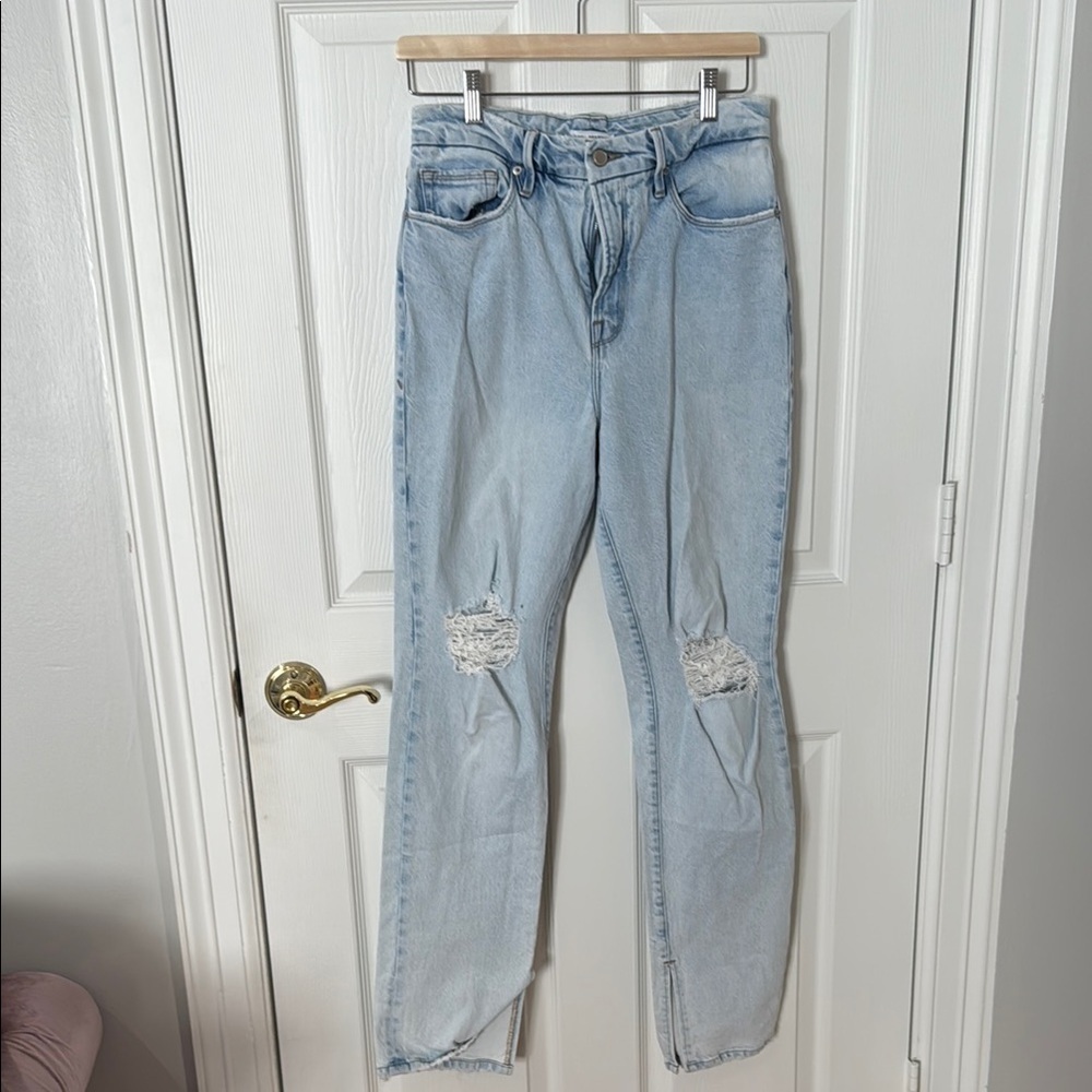 Good American Blue Straight Leg Jeans with Distressed Details size 6